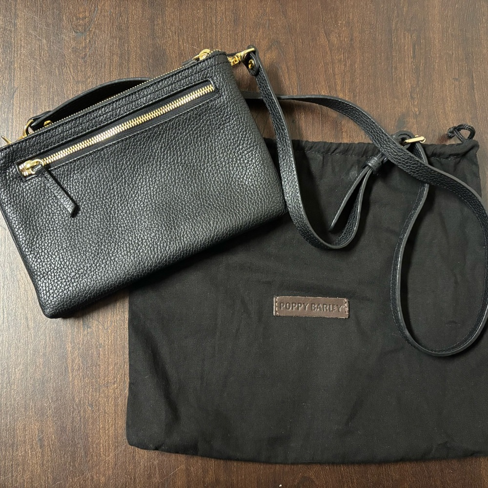 Poppy Barley Black Leather Crossbody with Gold Zippers